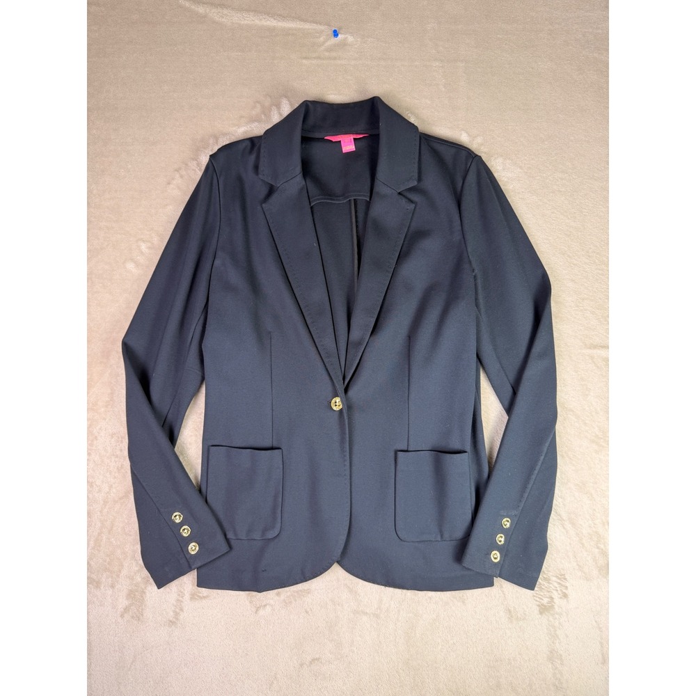 Lilly Pulitzer Womens Large Navy Blue Ponte Knit Blazer Gold Logo Button Braylee